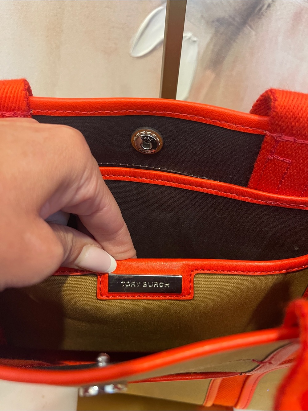 NWOT Tory Burch Tan Canvas Tote with Bright with Coral Trim - Picture 8 of 8